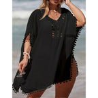 Elegant Women's Beach Cover-Up Black Cotton Pom Pom Trim One Size Summer Swimwear — Main Image
