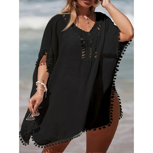 Elegant Women's Beach Cover-Up Black Cotton Pom Pom Trim One Size Summer Swimwear — Main Image