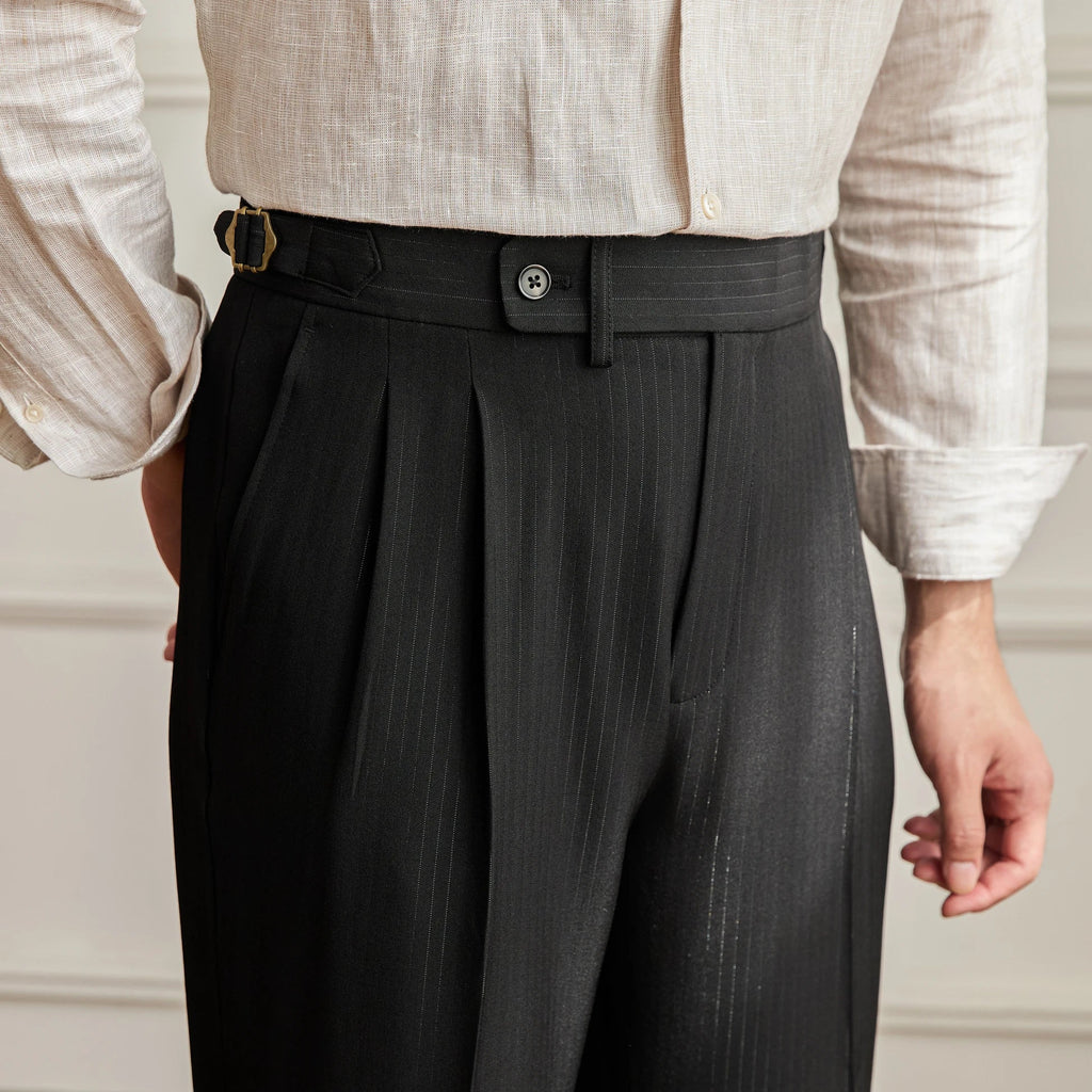 Brand Men's Wool Pleated Trousers Tailored Fit Adjustable Waistband Black — Image 3