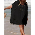 Elegant Women's Beach Cover-Up Black Cotton Pom Pom Trim One Size Summer Swimwear — Image 4