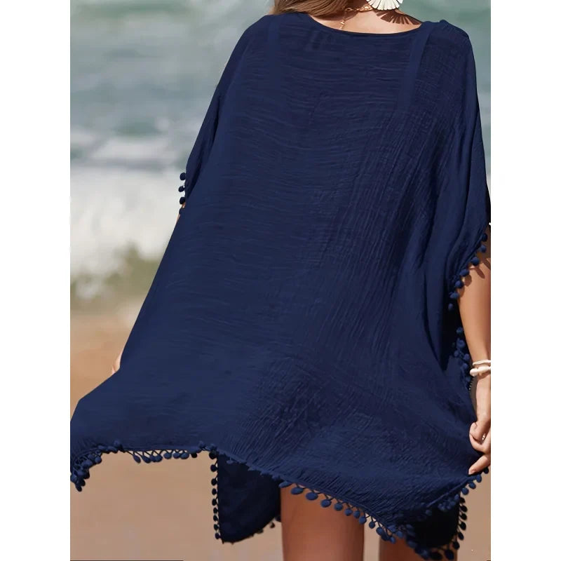 Elegant Women's Beach Cover-Up Black Cotton Pom Pom Trim One Size Summer Swimwear — Image 6