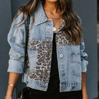 Trendy Women's Denim Jacket with Leopard Print Patchwork Casual Jean Outerwear — Image 4
