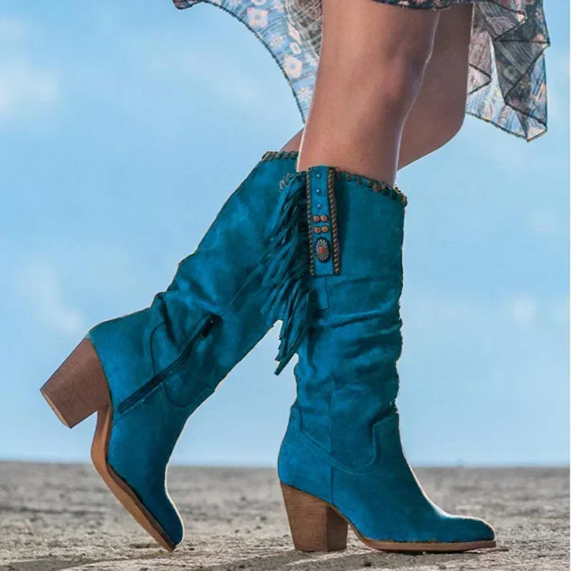 Women's Fringe Suede Knee-High Boots Western Style Zipper Closure Multiple Colors — Image 3
