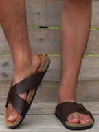 Men's Leather Cross Strap Sandals Cork Sole Brown Black Tan Comfortable Summer Footwear — Main Image