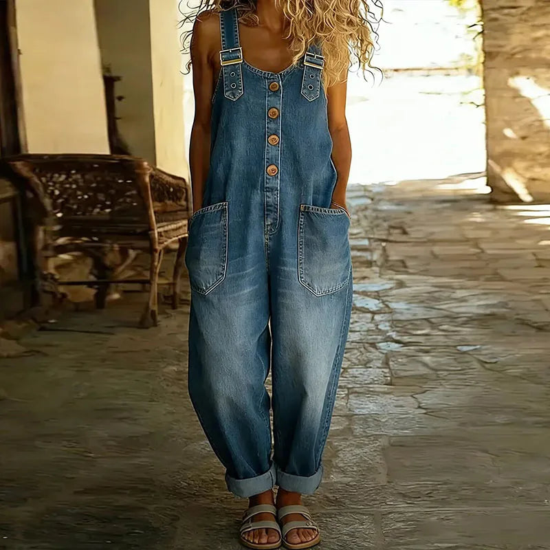 Women's Denim Overalls Casual Lightweight Cotton Blend Adjustable Straps Pockets Jumpsuit — Image 3