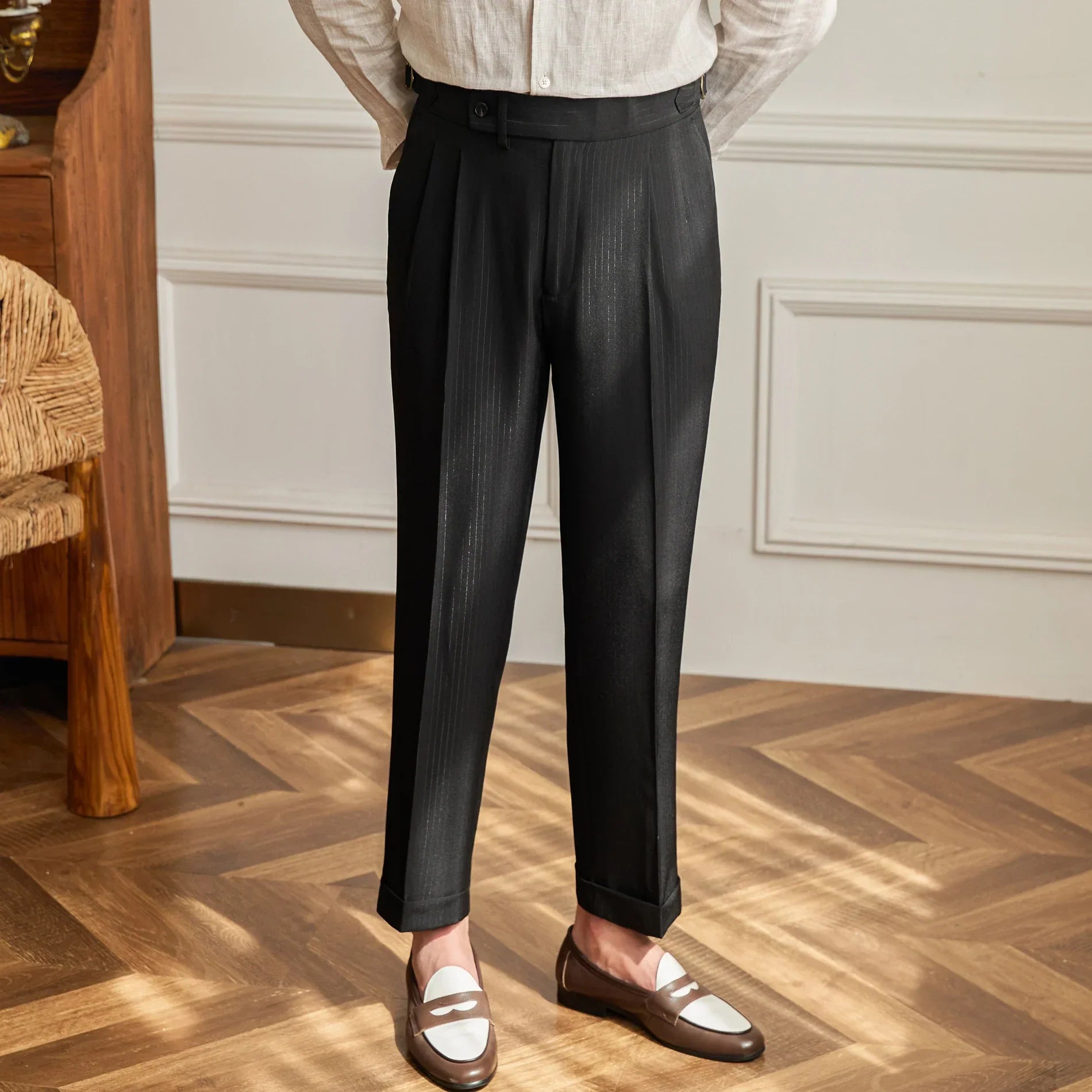 Brand Men's Wool Pleated Trousers Tailored Fit Adjustable Waistband Black — Image 2