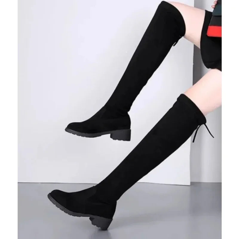 Women's Black Over-the-Knee Suede Boots with Block Heel and Tie Back — Image 5