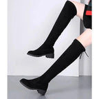 Women's Black Over-the-Knee Suede Boots with Block Heel and Tie Back — Image 5