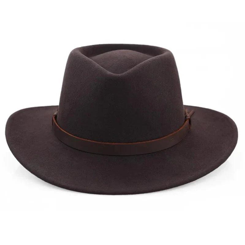 Classic Wool Fedora Hat Men's Wide Brim Felt with Leather Band Black Brown Medium — Image 4