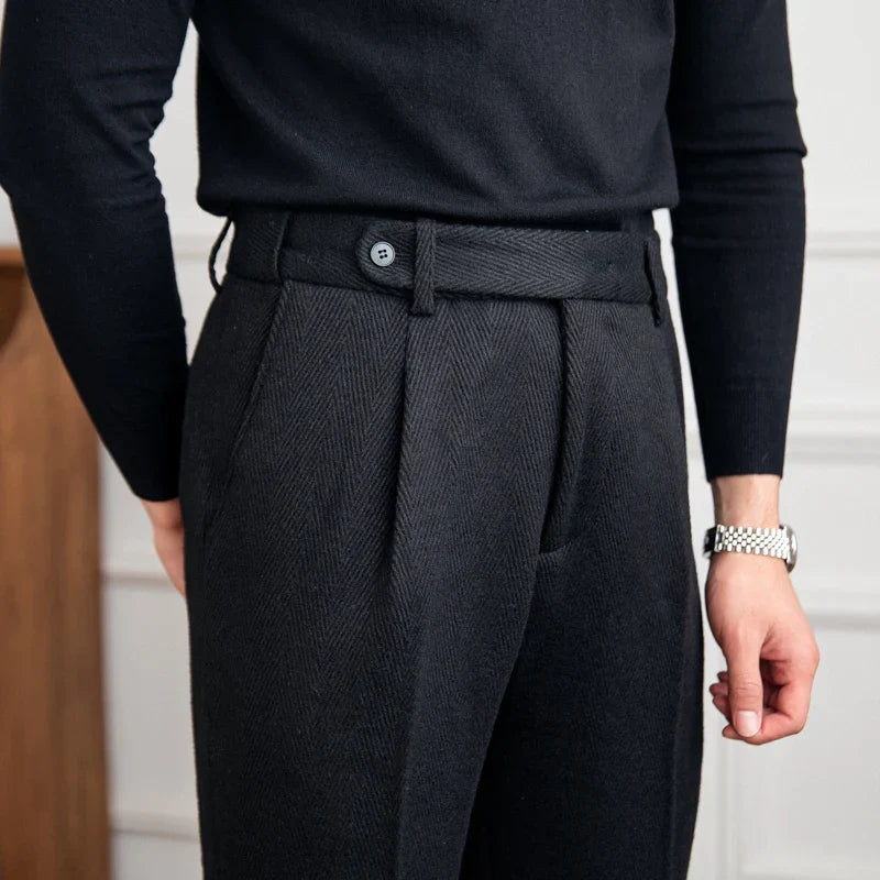 Men's Wool Blend Pleated Trousers Black Tailored Fit Cuffed Hem Formal Pants — Image 3