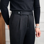 Men's Wool Blend Pleated Trousers Black Tailored Fit Cuffed Hem Formal Pants — Image 3