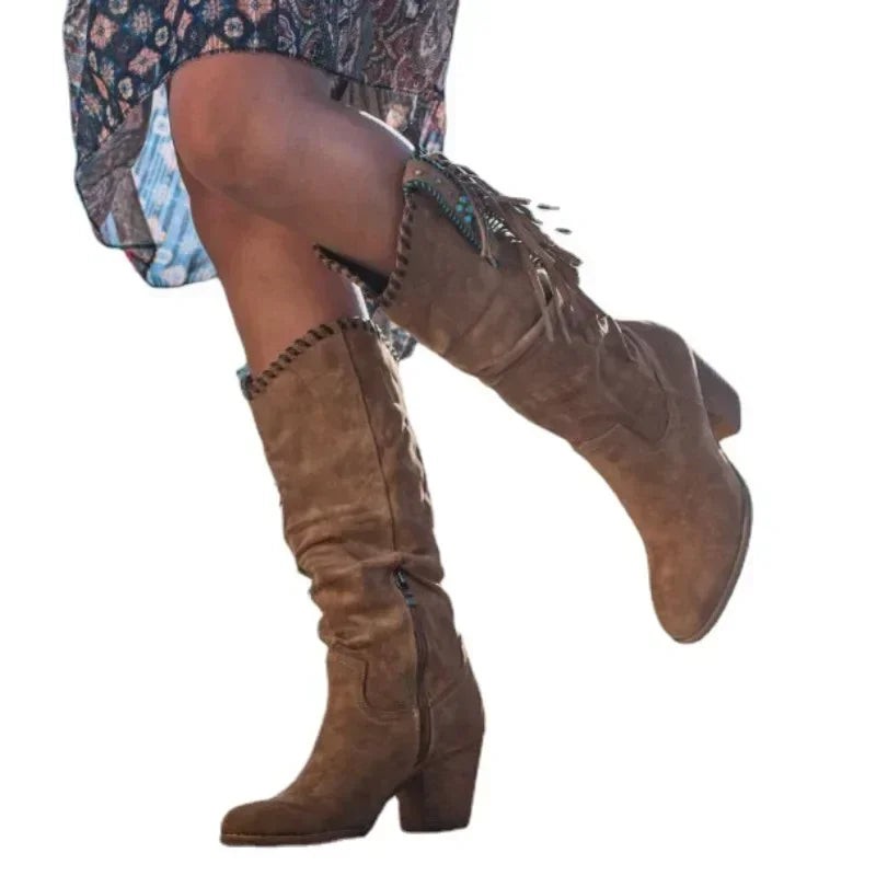 Women's Fringe Suede Knee-High Boots Western Style Zipper Closure Multiple Colors — Image 6