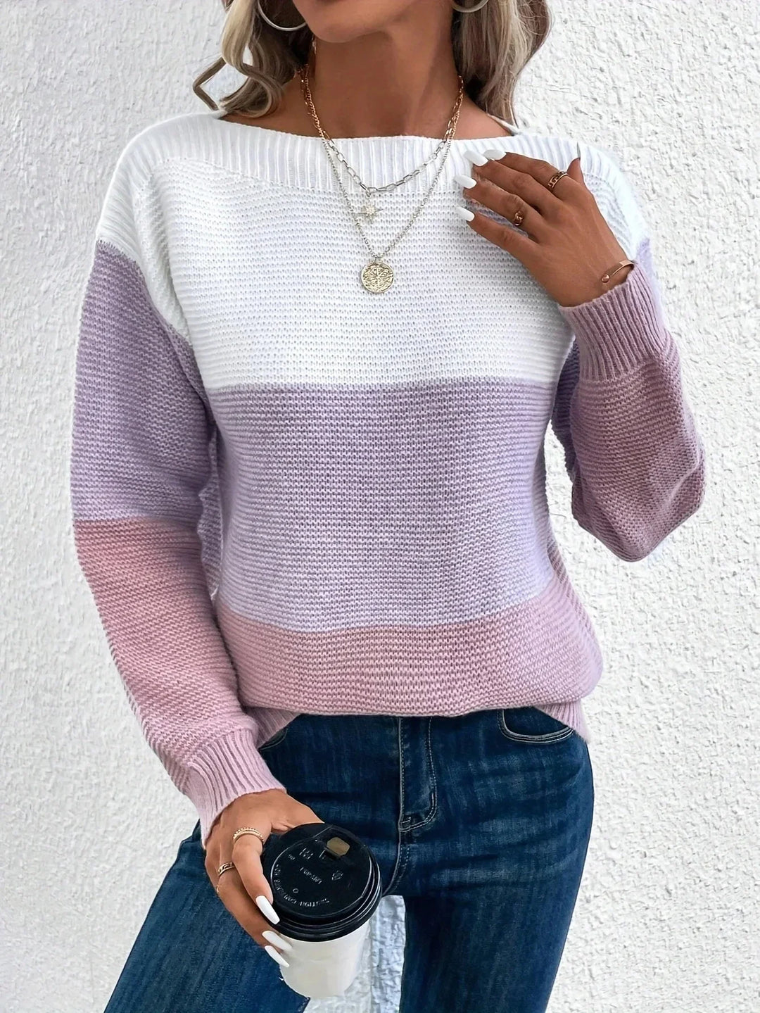 Brand Women's Color Block Knit Sweater Soft Cozy Pullover Long Sleeves Crew Neck Casual — Image 8