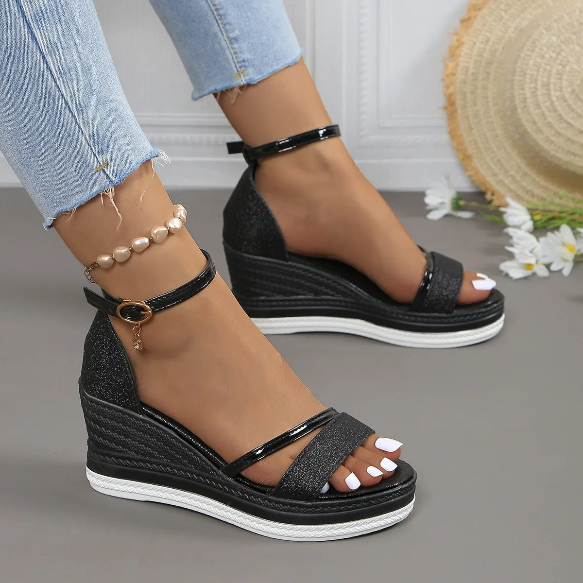 Elegant Glitter Wedge Sandals with Ankle Strap - Gold, Silver, Black - Comfortable Summer Footwear — Image 4