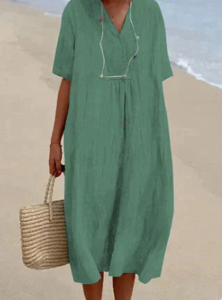 Elegant Summer Linen Dress - Loose Fit, V-Neck, Multiple Colors — Image 3