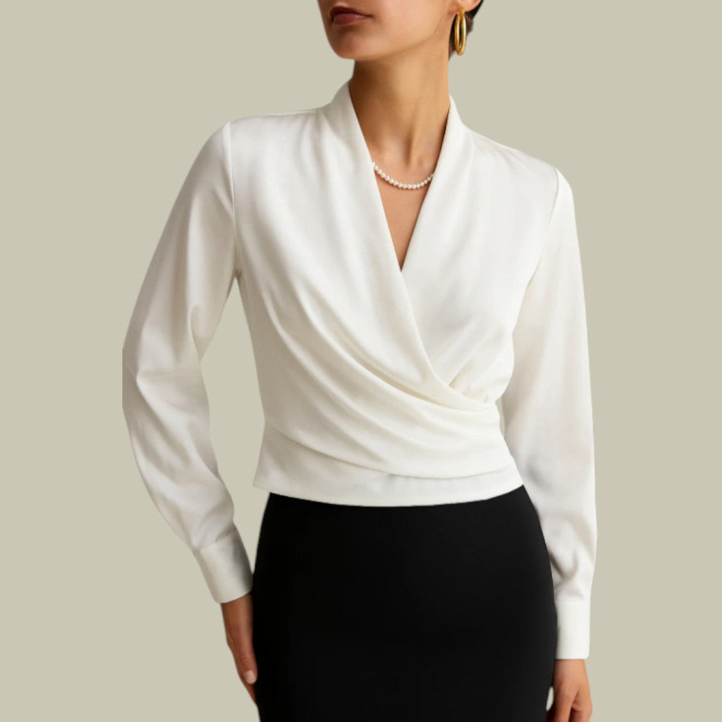 Women's Wrap Blouse Satin Long Sleeve V-Neck Elegant Office Evening Top — Main Image