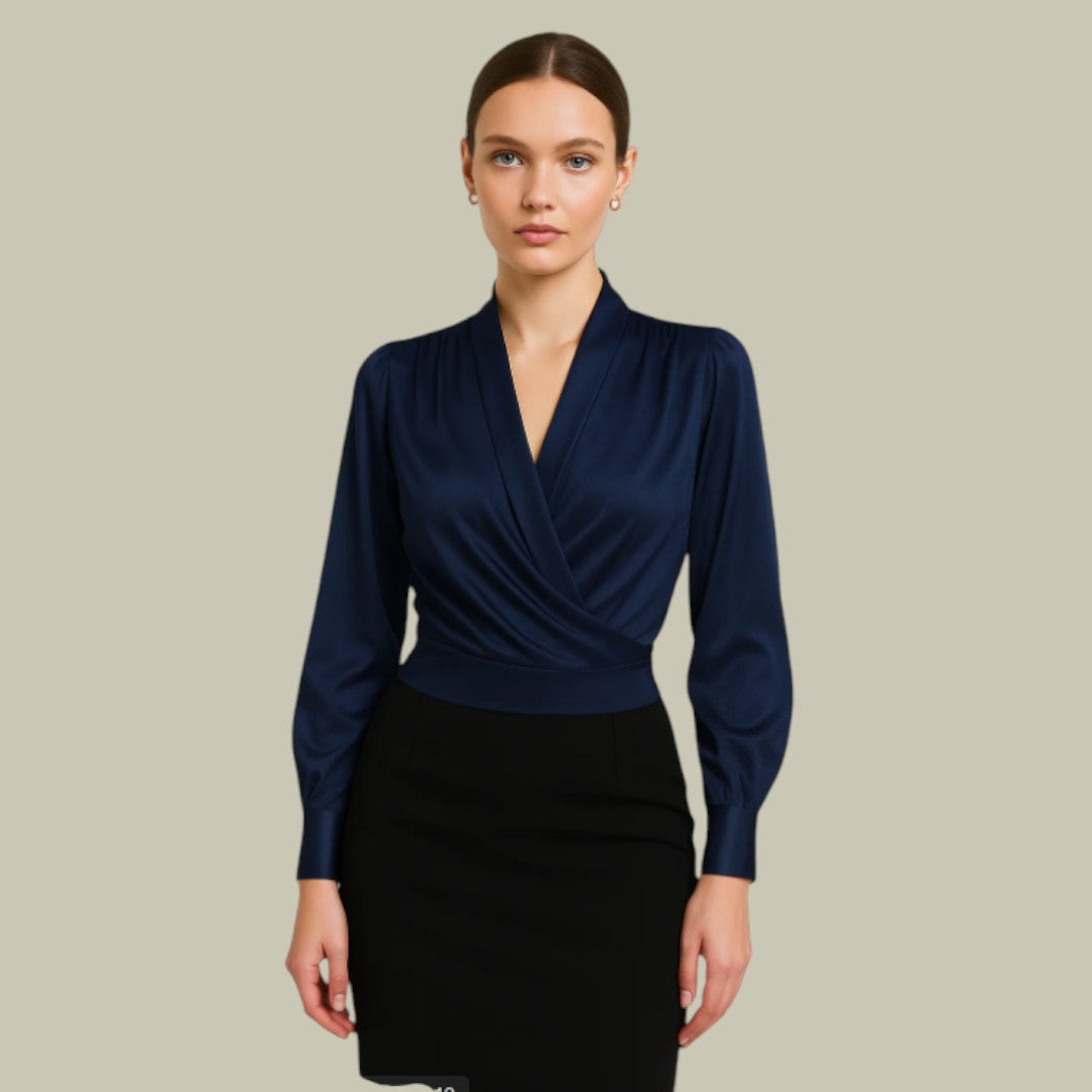 Women's Wrap Blouse Satin Long Sleeve V-Neck Elegant Office Evening Top — Image 2