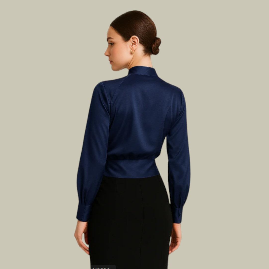Women's Wrap Blouse Satin Long Sleeve V-Neck Elegant Office Evening Top — Image 3