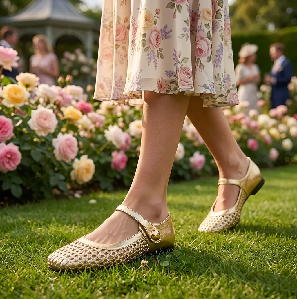 Elegant Women's Woven Flats Gold & Black Leather Mary Jane Style Comfortable Shoes — Image 4