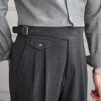 Men's Wool Blend Pleated Trousers Gray High Waist Adjustable Waistband Formal Business Pants — Image 3