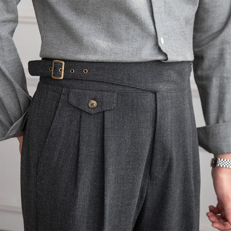 Men's Wool Blend Pleated Trousers Gray High Waist Adjustable Waistband Formal Business Pants — Image 3
