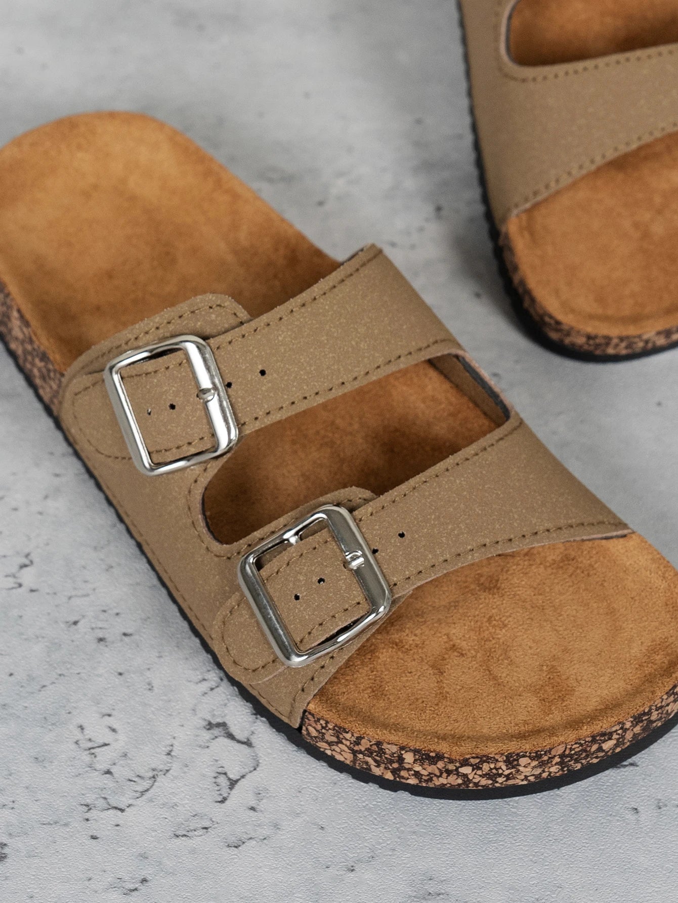 Women's Double Buckle Slip-On Sandals Tan Faux Leather Cork Sole — Image 6