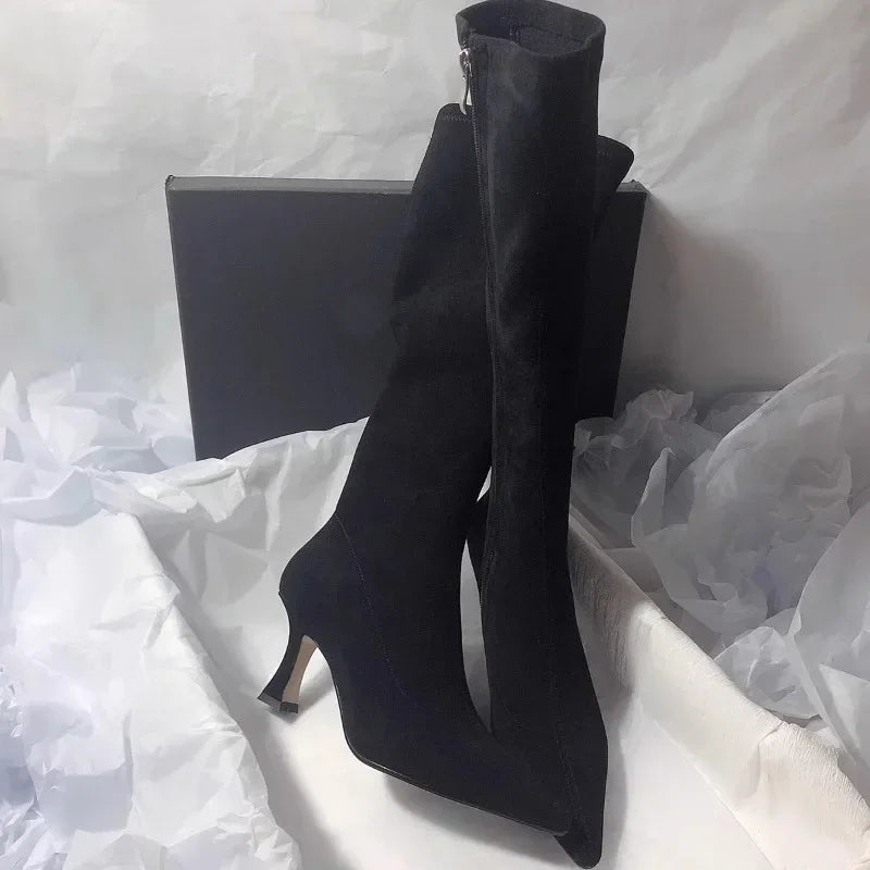 Elegant Women's Suede Knee-High Stiletto Boots Brown Black Pointed Toe High Heel — Image 3