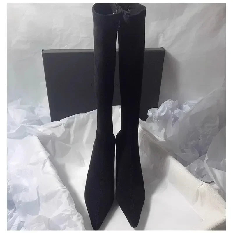 Elegant Women's Suede Knee-High Stiletto Boots Brown Black Pointed Toe High Heel — Image 4