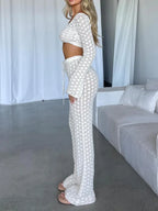 Elegant Crochet Knit Two-Piece Set Off-Shoulder Top & Flared Pants White/Black — Image 3