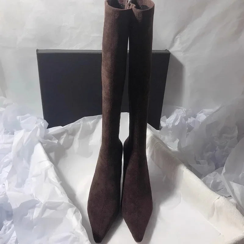 Elegant Women's Suede Knee-High Stiletto Boots Brown Black Pointed Toe High Heel — Image 2