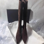 Elegant Women's Suede Knee-High Stiletto Boots Brown Black Pointed Toe High Heel — Image 2