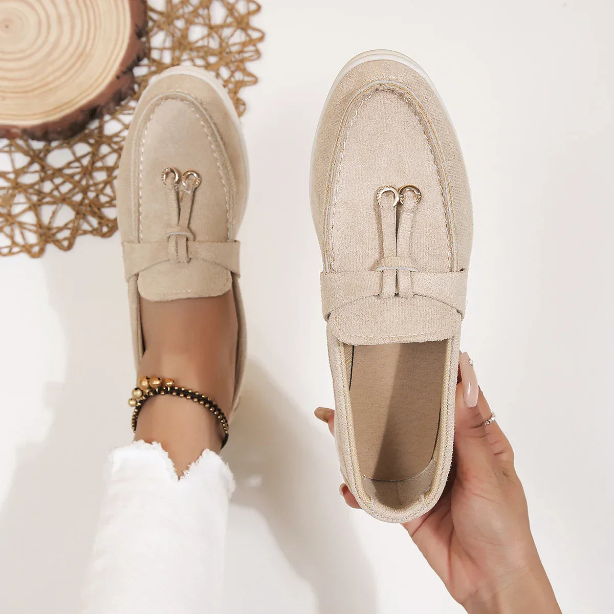 Women's Casual Beige Loafers Suede Slip-On with Gold Accent Comfortable Sole — Main Image