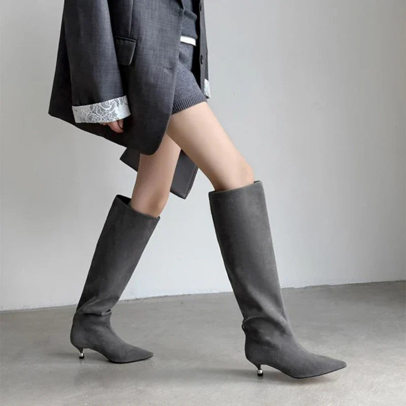 Elegant Women's Suede Knee-High Boots Kitten Heel Grey Black Brown — Image 2