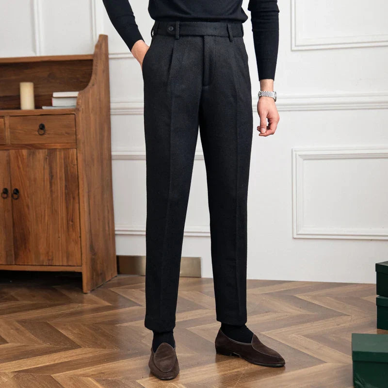Men's Wool Blend Pleated Trousers Black Tailored Fit Cuffed Hem Formal Pants — Image 2