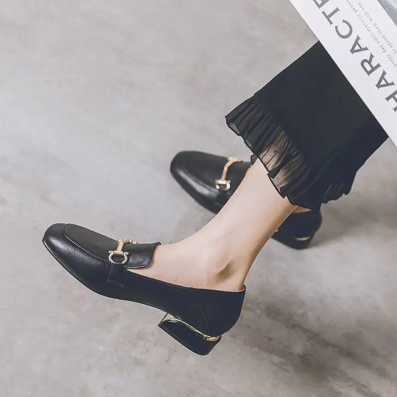 Elegant Women's Loafers Leather Gold Buckle Black Beige Comfortable Slip-On Shoes — Image 3