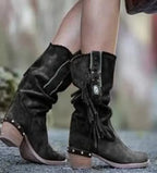 Women's Suede Fringe Western Boots Brown Mid-Calf Embellished Studded — Image 3