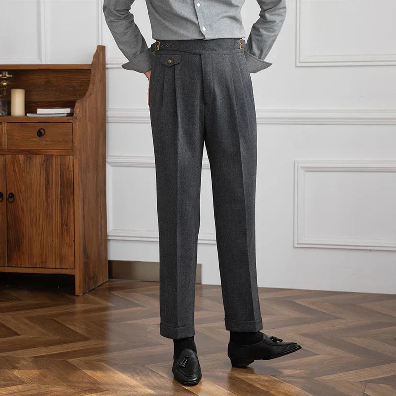 Men's Wool Blend Pleated Trousers Gray High Waist Adjustable Waistband Formal Business Pants — Image 7