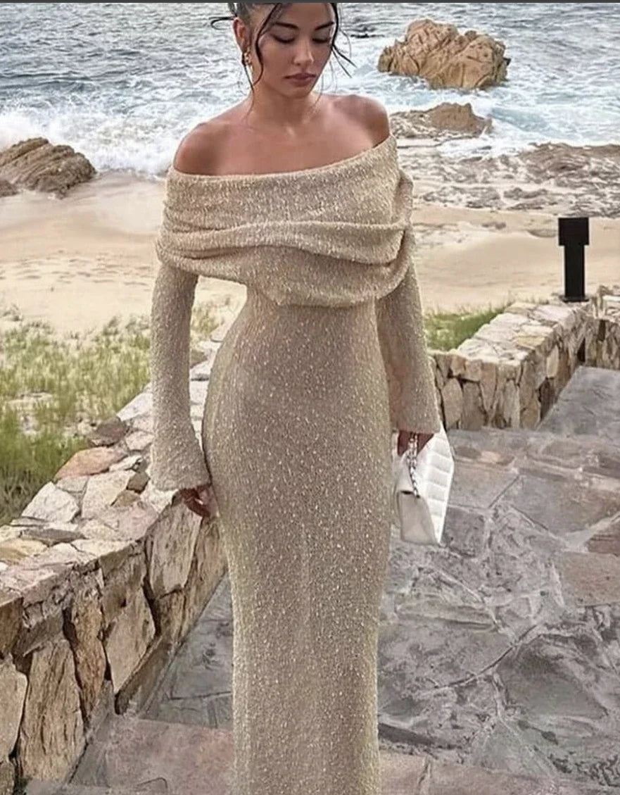 Chic Off-Shoulder Maxi Dress Women Elegant Long Sleeve Evening Gown White Sequin — Image 3