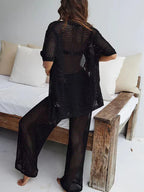 Women's Crochet Knit Cardigan and Pants Set Beige Black Summer Beachwear — Image 6