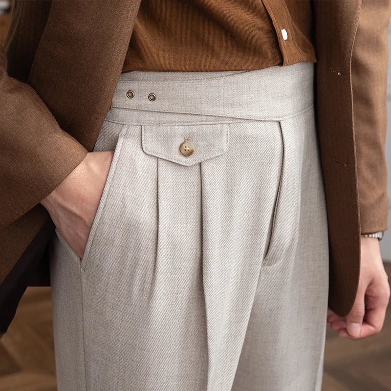Men's Wool Blend Pleated Trousers Gray High Waist Adjustable Waistband Formal Business Pants — Image 6