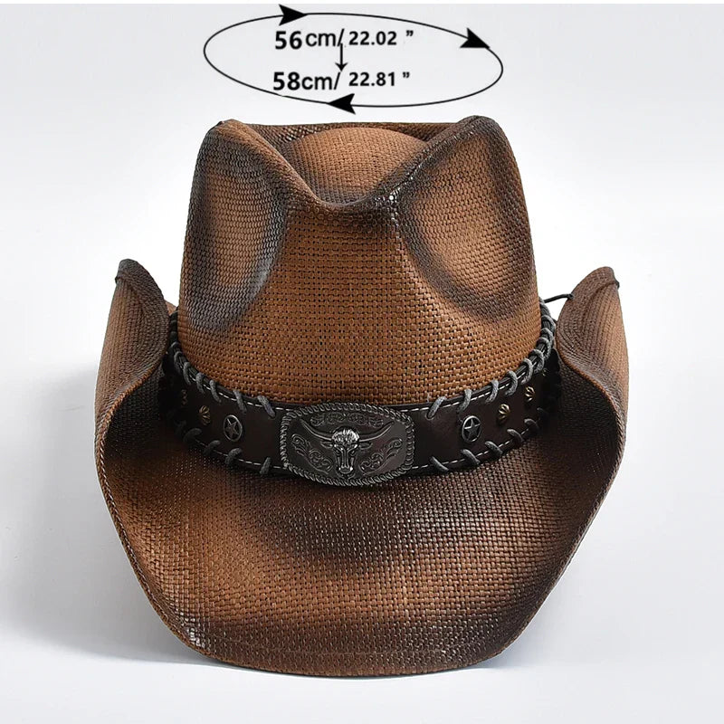 Western Cowboy Hat Brown Straw Decorative Band Unisex Adult 56-58cm — Image 6