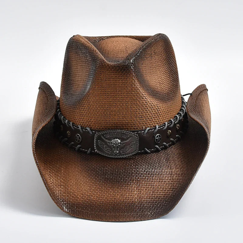 Western Cowboy Hat Brown Straw Decorative Band Unisex Adult 56-58cm — Image 2