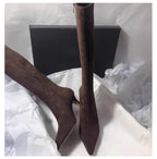 Elegant Women's Suede Knee-High Stiletto Boots Brown Black Pointed Toe High Heel — Image 6