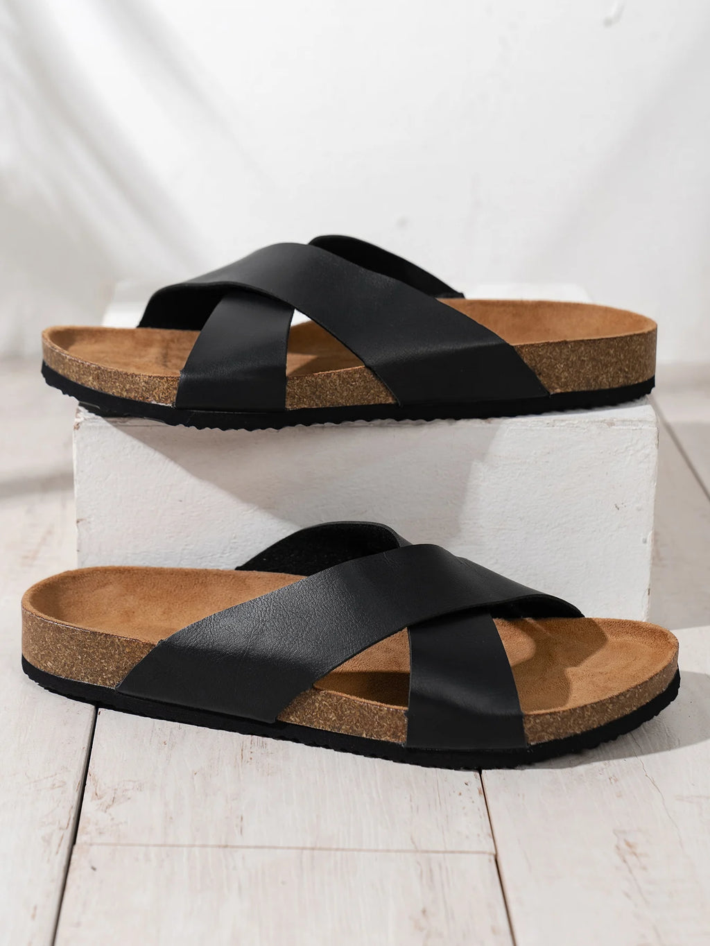 Men's Leather Cross Strap Sandals Cork Sole Brown Black Tan Comfortable Summer Footwear — Image 3