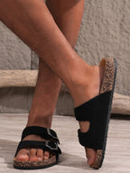Men's Double Strap Cork Sandals Suede Black Adjustable Buckle Casual Comfort Footwear — Main Image