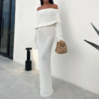 Chic Off-Shoulder Maxi Dress Women Elegant Long Sleeve Evening Gown White Sequin — Main Image