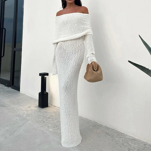 Chic Off-Shoulder Maxi Dress Women Elegant Long Sleeve Evening Gown White Sequin — Main Image