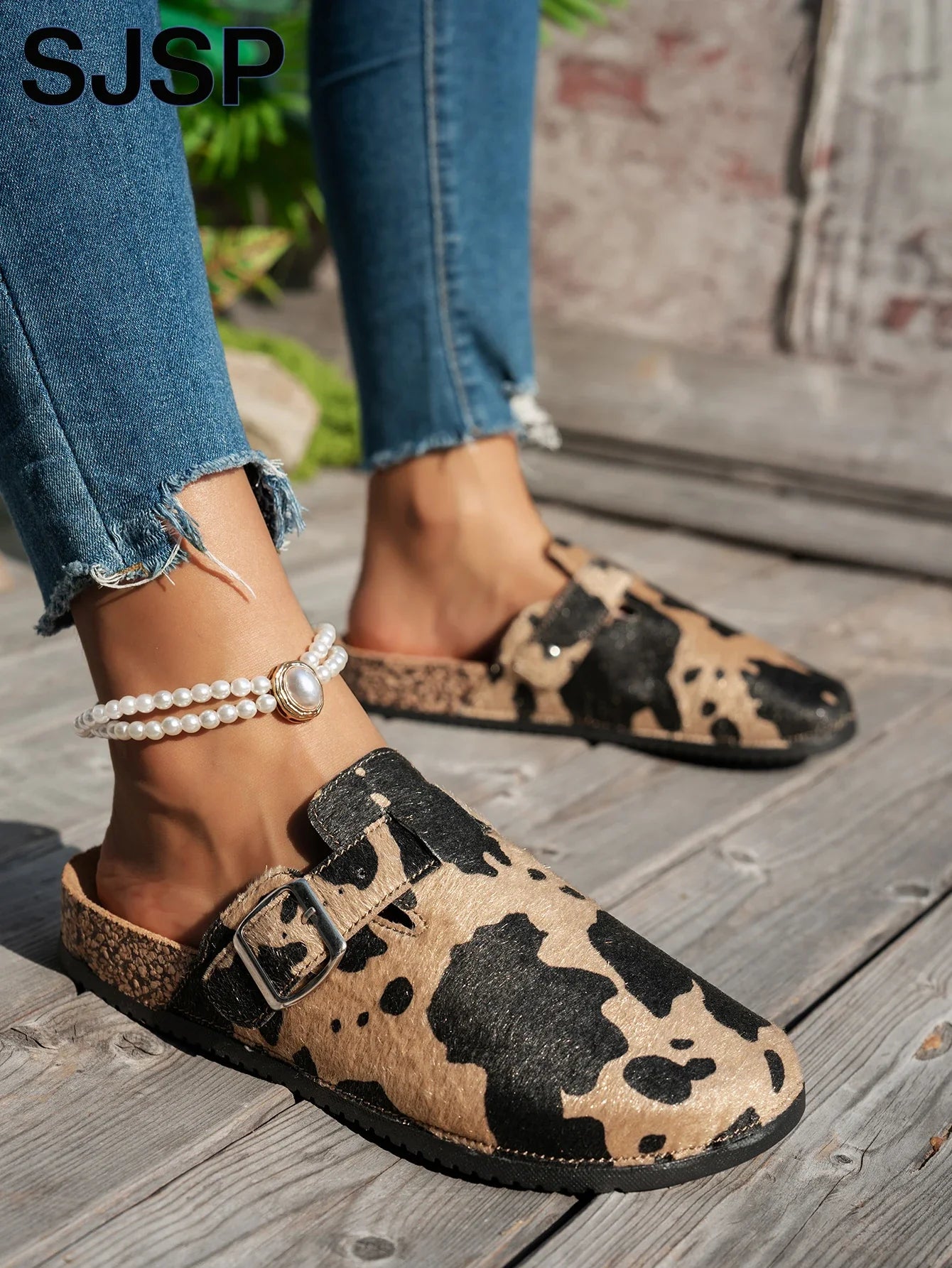 SJSP Women's Leopard Print Suede Slip-On Clogs with Buckle Brown Comfortable Casual Footwear — Image 6