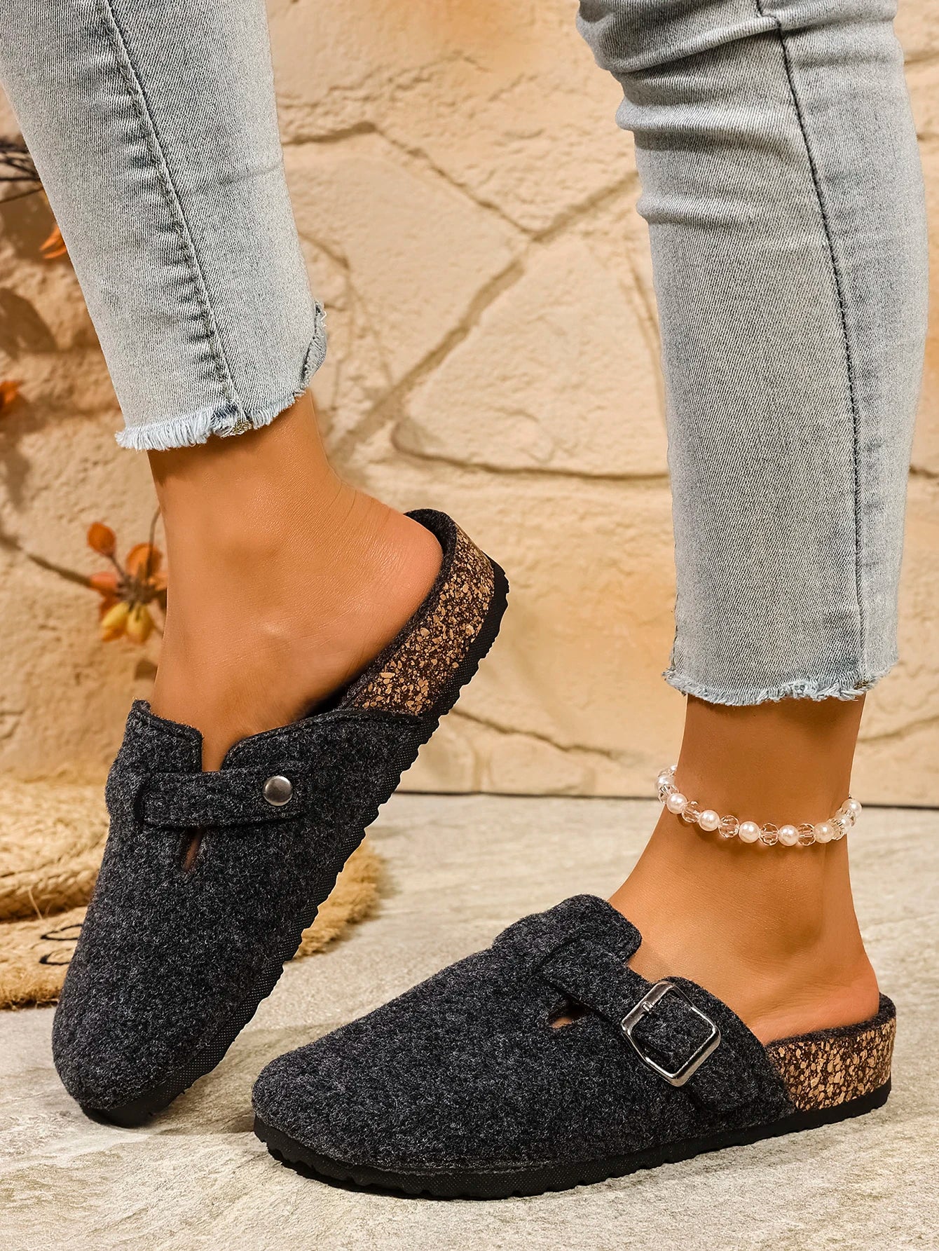 Cozy Woolen Slip-On Mules Cork Sole Brown Black Beige Unisex Comfortable — Image 3