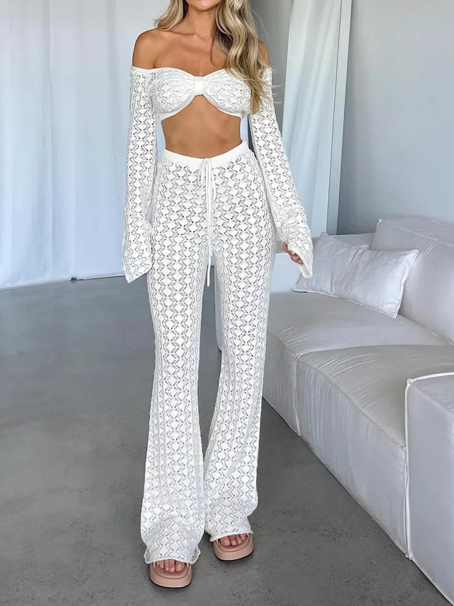Elegant Crochet Knit Two-Piece Set Off-Shoulder Top & Flared Pants White/Black — Main Image